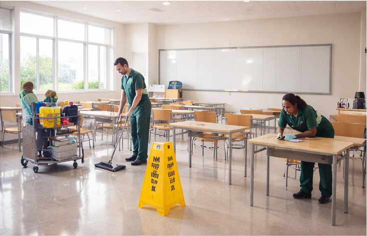 School cleaning – classroom with professional cleaners