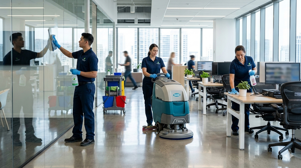 Professional cleaning team at work in a commercial space